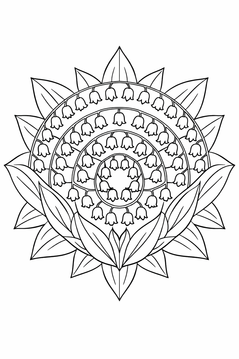 Lily of the valley mandala with rings of tiny nodding bell flowers hanging from arching stems between broad pointed leaves, delicate symmetric coloring page