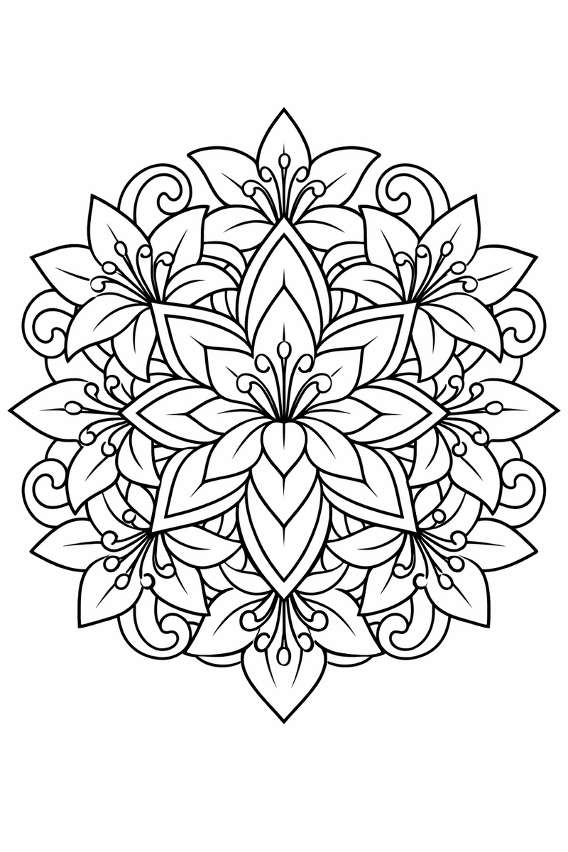 Lily mandala with six-fold pointed lily petals and curling stamens layered in rings, elegant symmetric coloring page