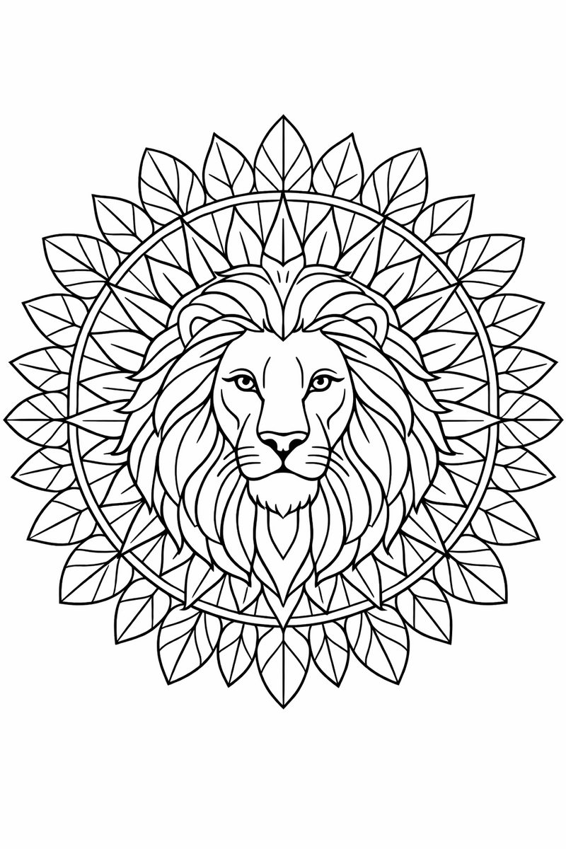 Lion mandala with a maned lion face at the center whose flowing mane opens outward into radiating rings of leaf shapes and sun rays, majestic symmetric coloring page