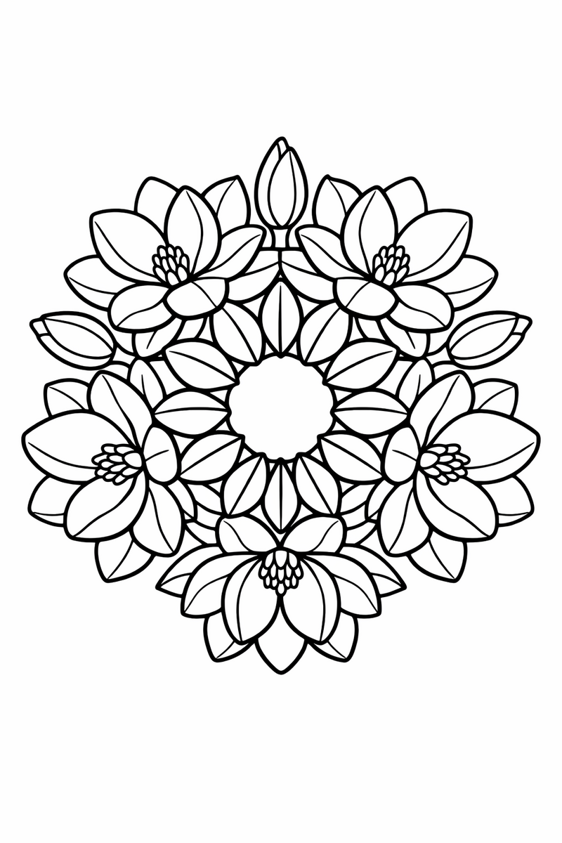 Magnolia mandala with wide waxy magnolia blossoms and pointed buds alternating around a ring of glossy leaves, bold symmetric coloring page