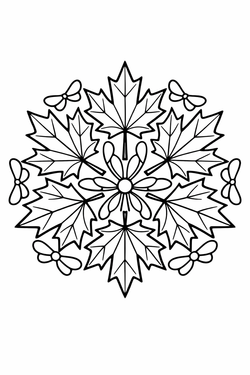 Maple leaf mandala with pointed maple leaves radiating like a pinwheel and winged seeds between them, symmetric coloring page