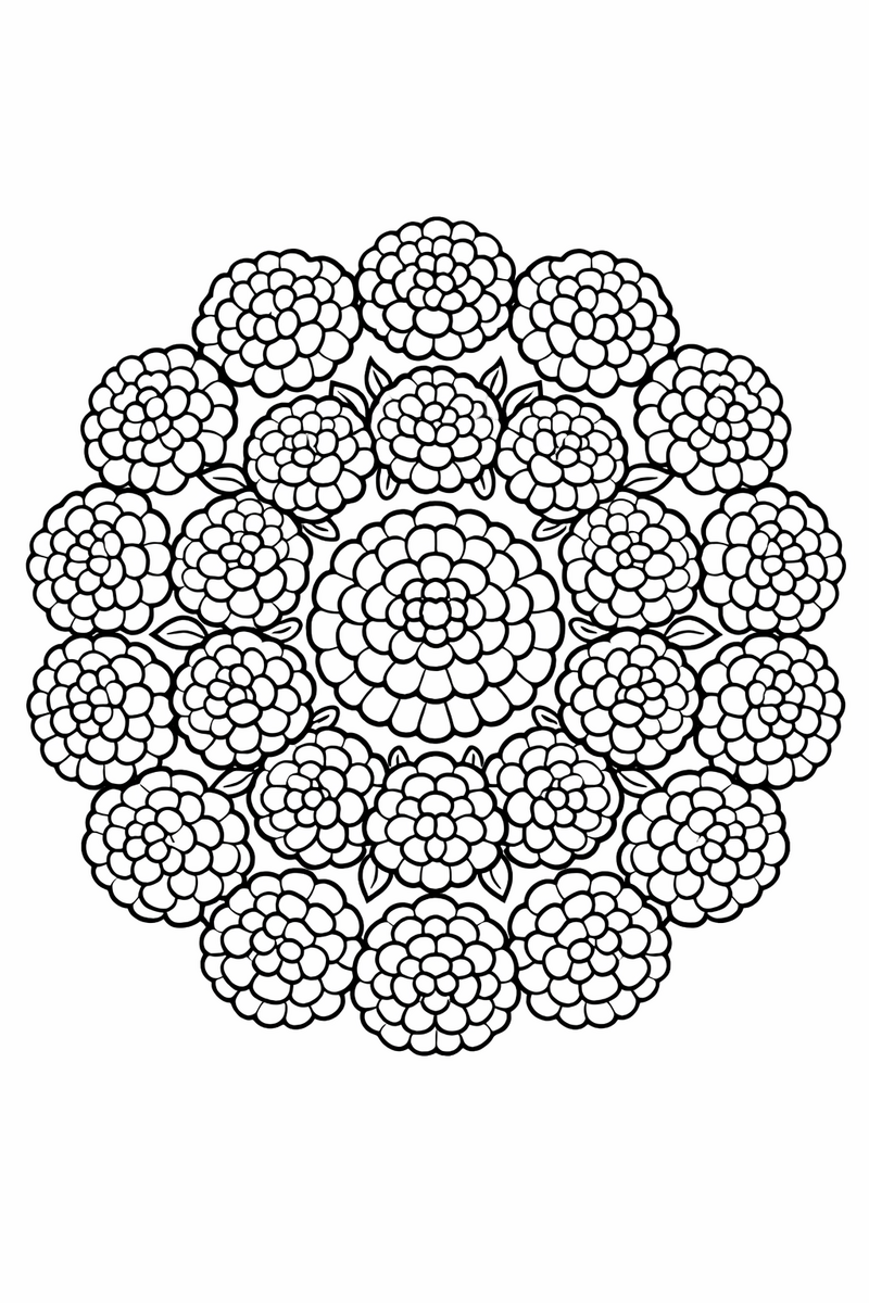 Marigold mandala with tightly ruffled marigold pompoms in dense concentric rings, warm symmetric coloring page