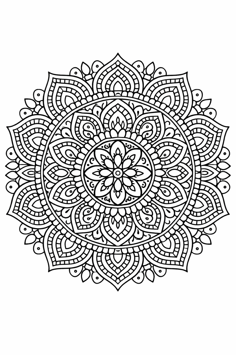 Mehndi mandala in henna style with fine paisley, dot patterns, teardrops and delicate line fills in dense rings, intricate symmetric coloring page