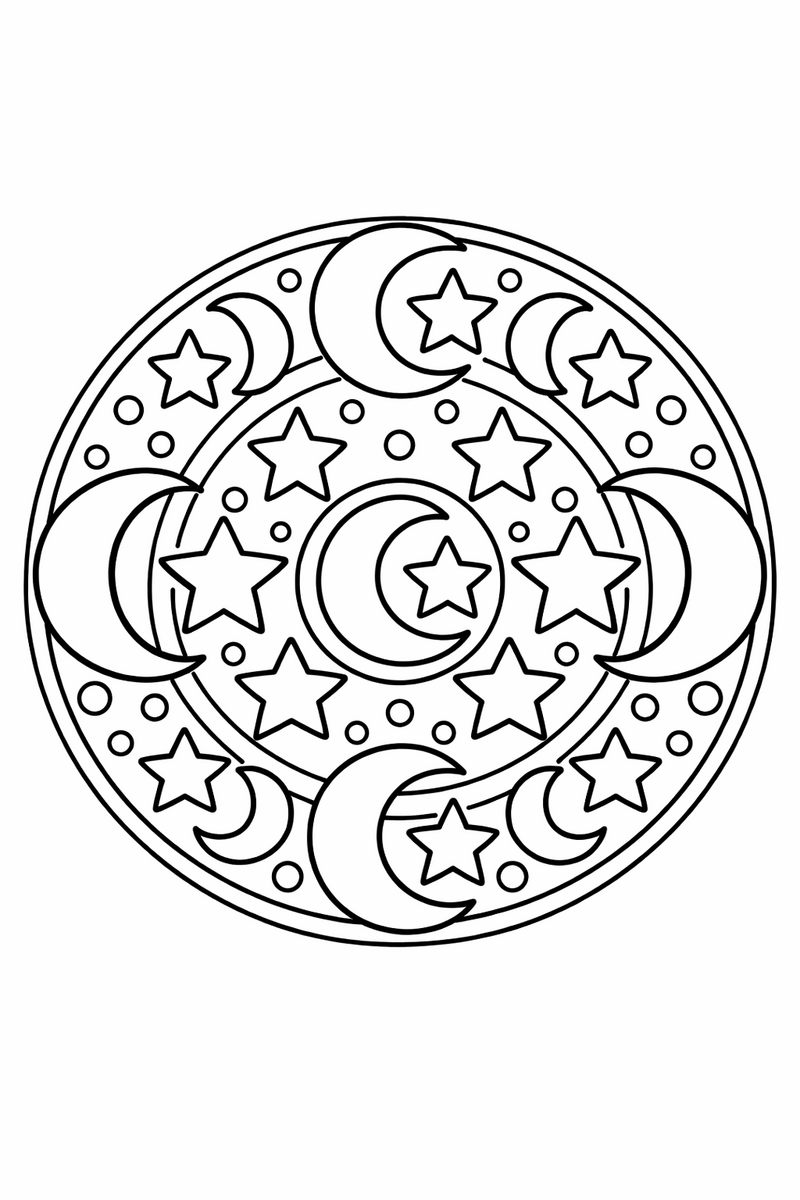 Mandala con lunas crecientes y estrellas en patrón nocturno para colorear