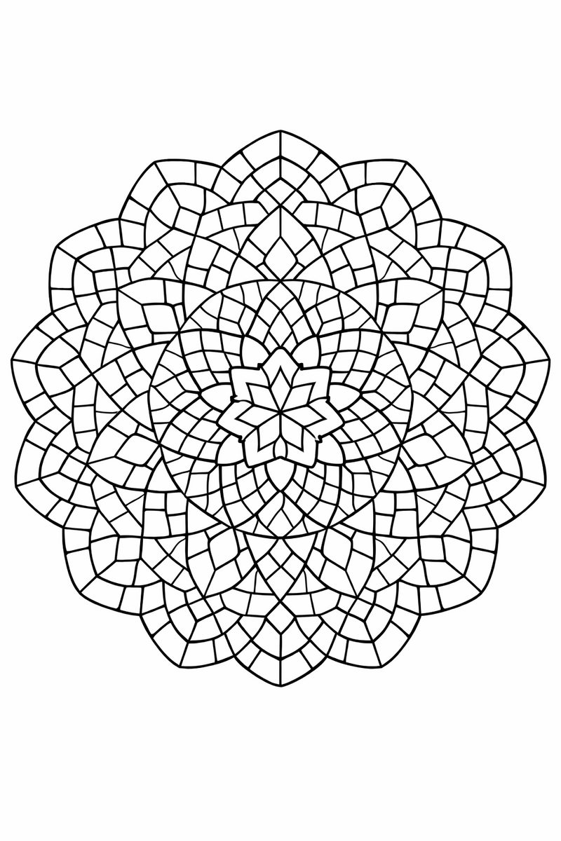 Mosaic mandala built from many small tile shapes fitted together like stained glass in radial symmetry, intricate symmetric coloring page