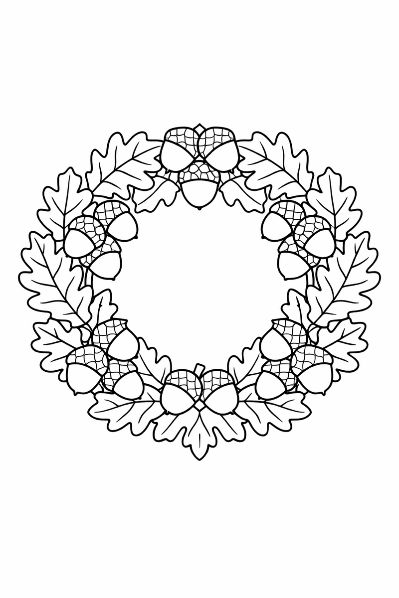 Oak and acorn mandala with lobed oak leaves and clustered acorns woven into a sturdy autumn wreath, symmetric coloring page