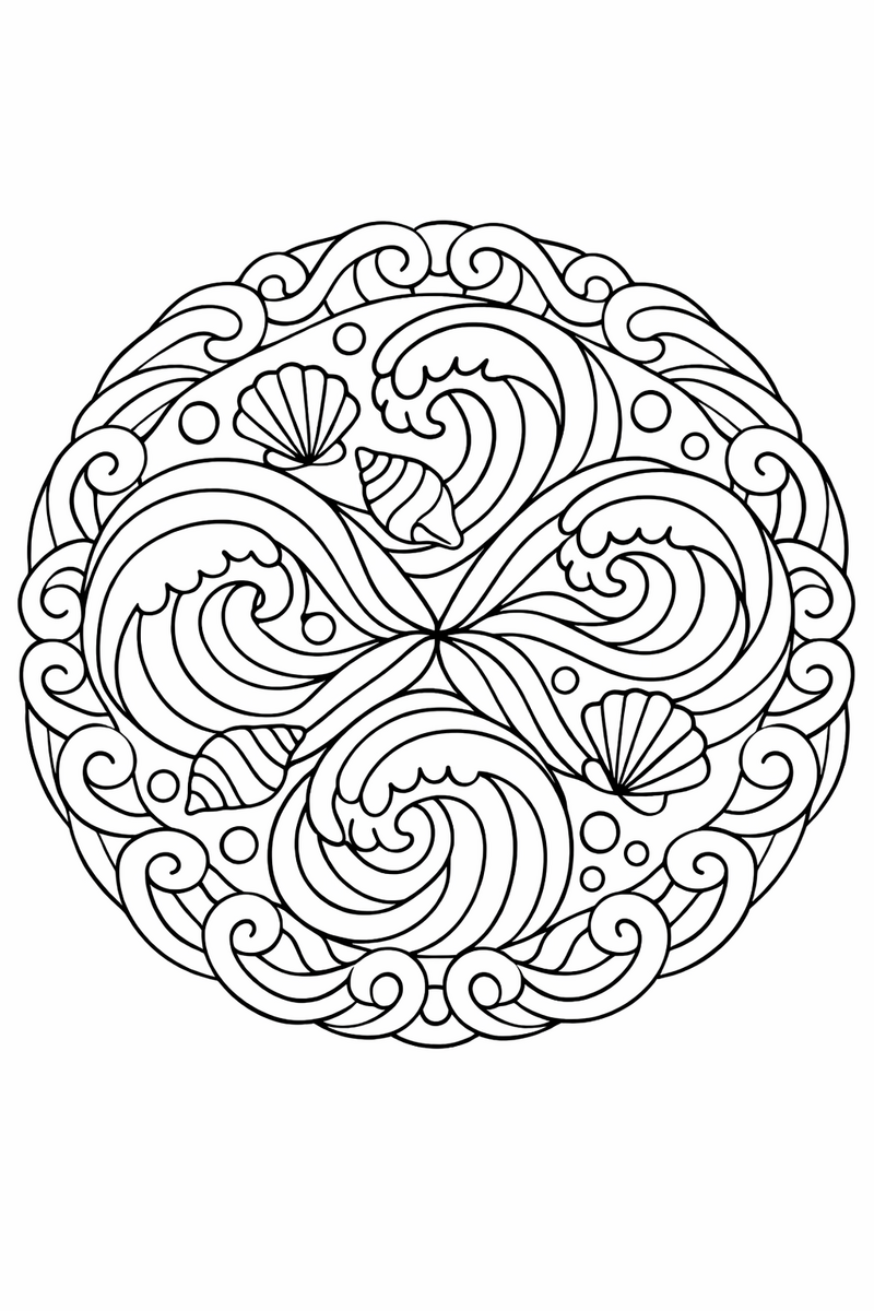 Mandala de olas rizadas y pequeñas conchas para colorear