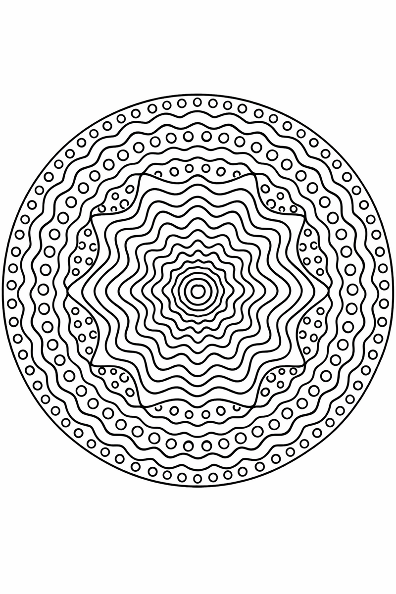 Optical mandala with concentric wavy lines and dot grids creating a gentle optical illusion, hypnotic symmetric coloring page
