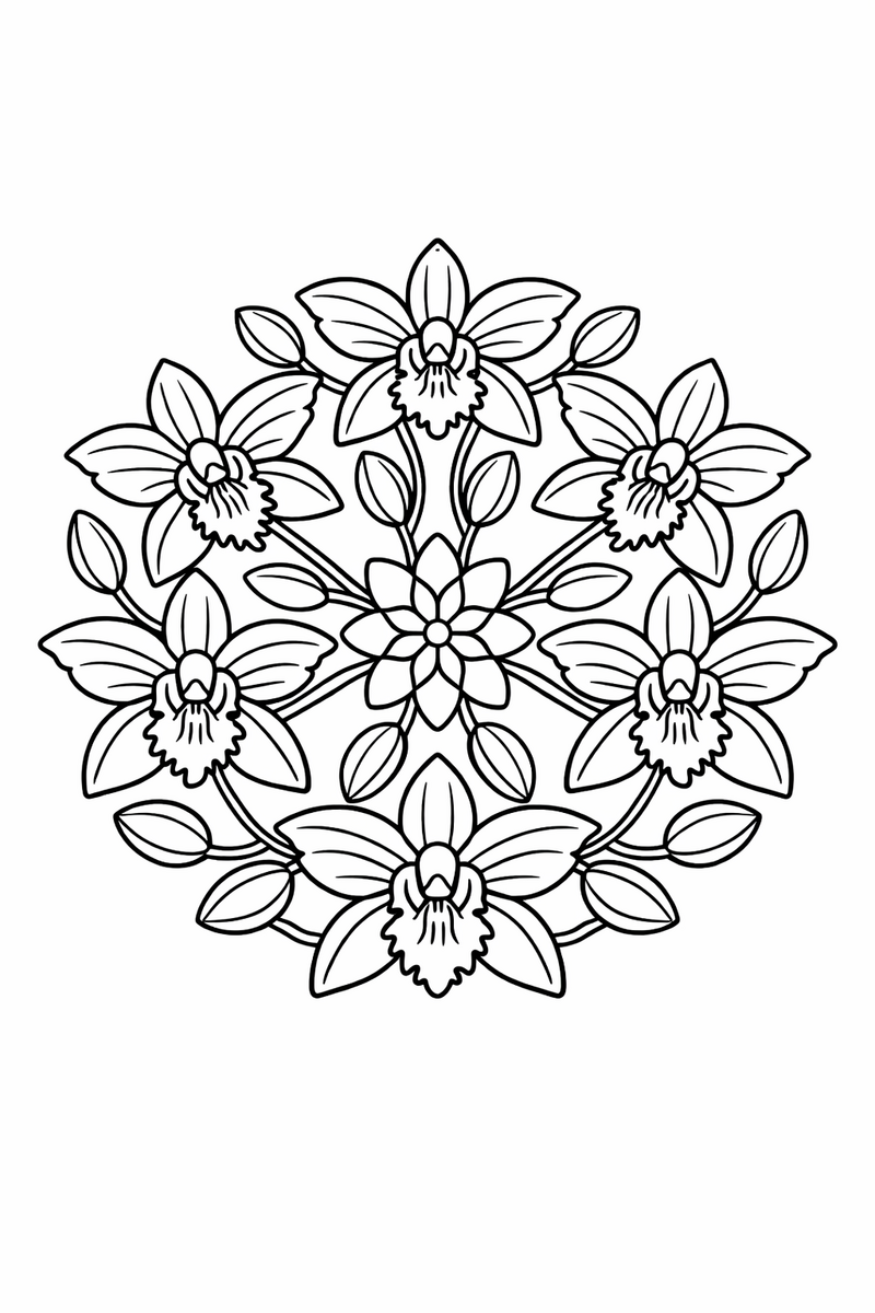 Orchid mandala with exotic winged orchid blooms and slender buds arranged in a graceful ring, symmetric coloring page