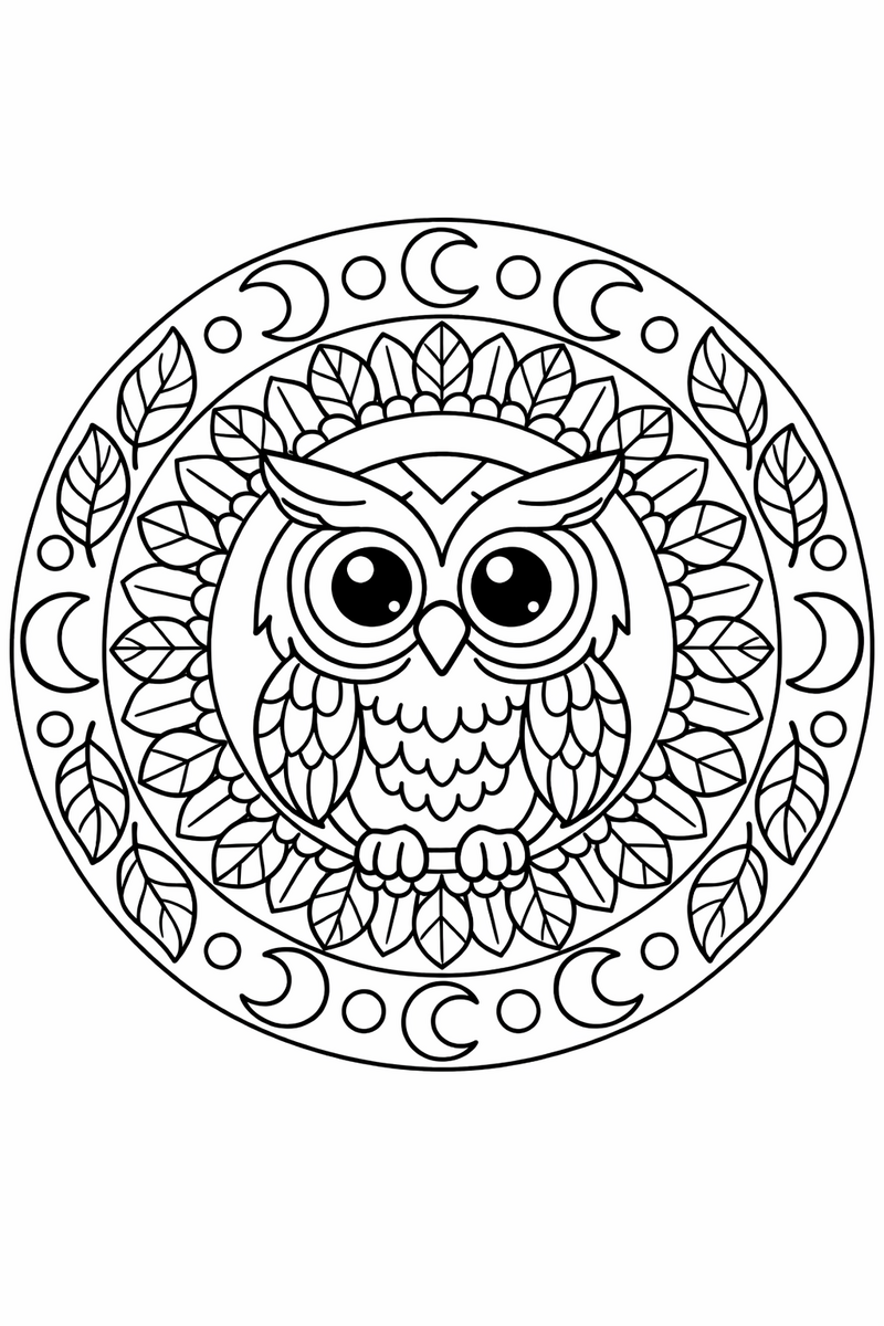 Owl mandala with a wide-eyed owl at the center and rings of feathers, leaves and small moons around it, symmetric coloring page