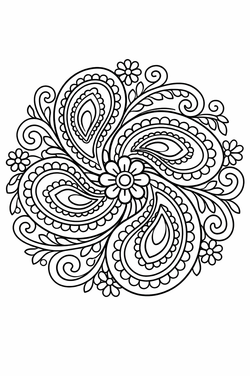 Swirling paisley mandala with large teardrop paisleys nested inside one another spinning around the center, flowing symmetric coloring page