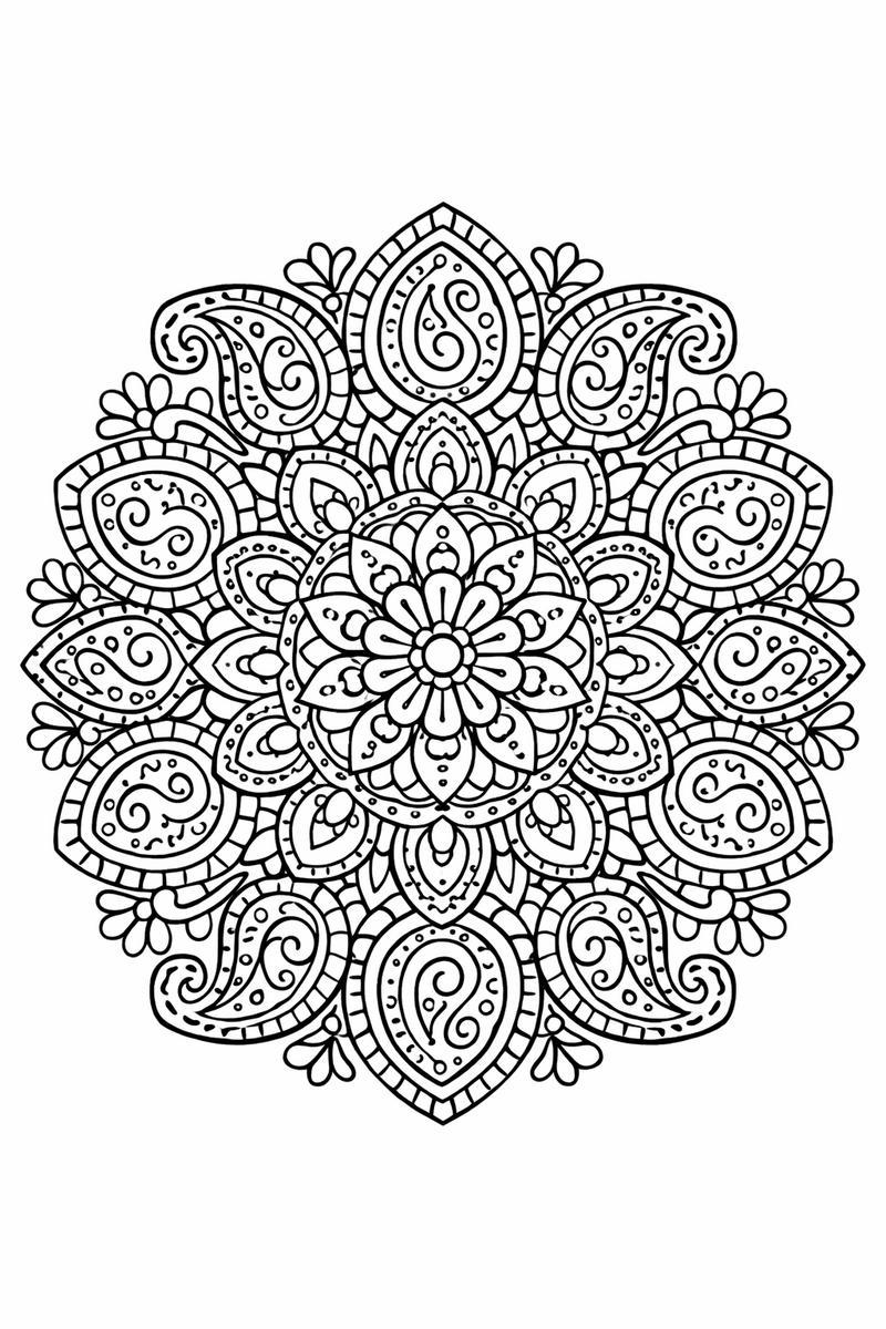 Paisley mandala with classic curled paisley droplets filled with dots and swirls arranged in radial rings, ornate symmetric coloring page