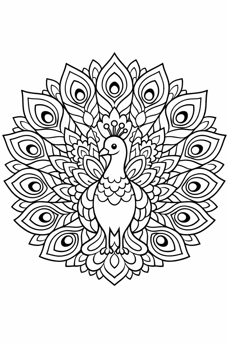 Peacock mandala with a fan of eyed peacock feathers radiating from a central plumed bird, regal symmetric coloring page