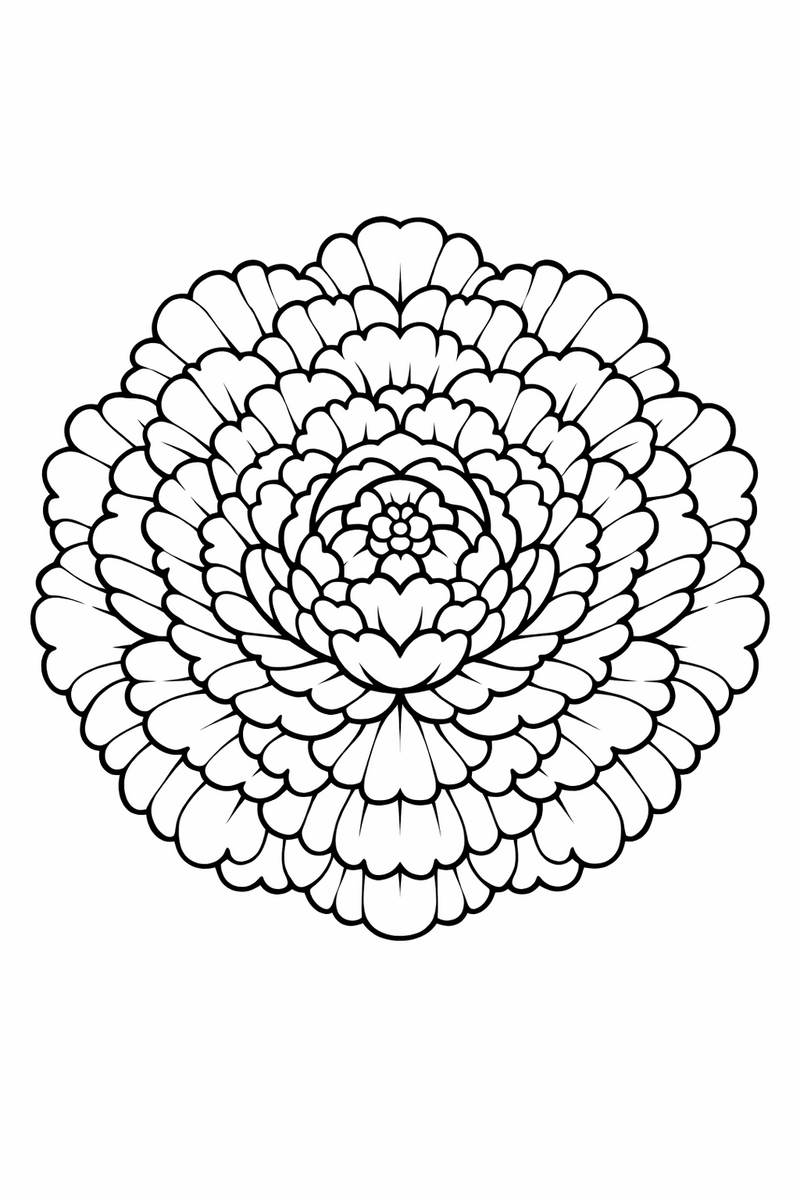 Peony mandala with dense ruffled layered petals packed in soft concentric rings, lush symmetric coloring page