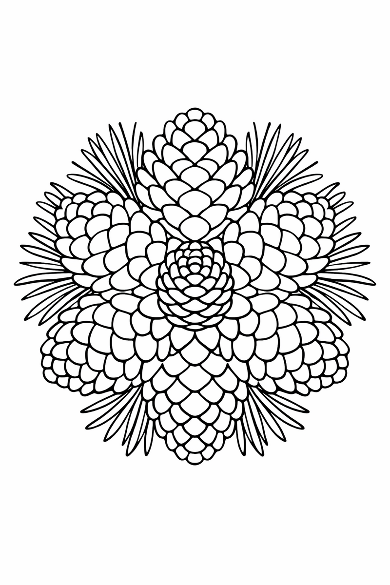 Pinecone mandala with overlapping pinecone scales spiraling out and pine needle sprays between cones, symmetric coloring page
