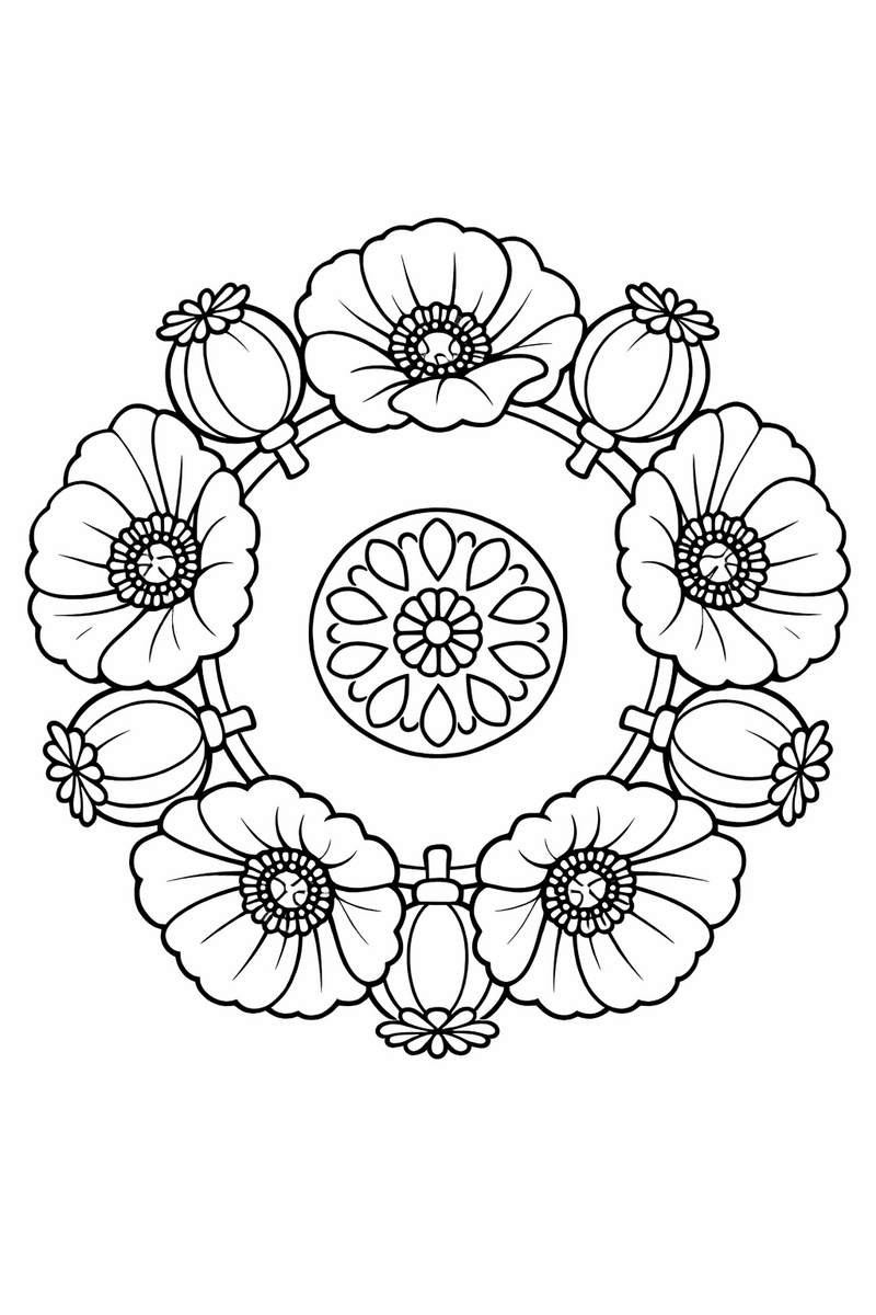 Poppy mandala with wide open poppy flowers and round seed pods alternating in a bold ring, symmetric coloring page