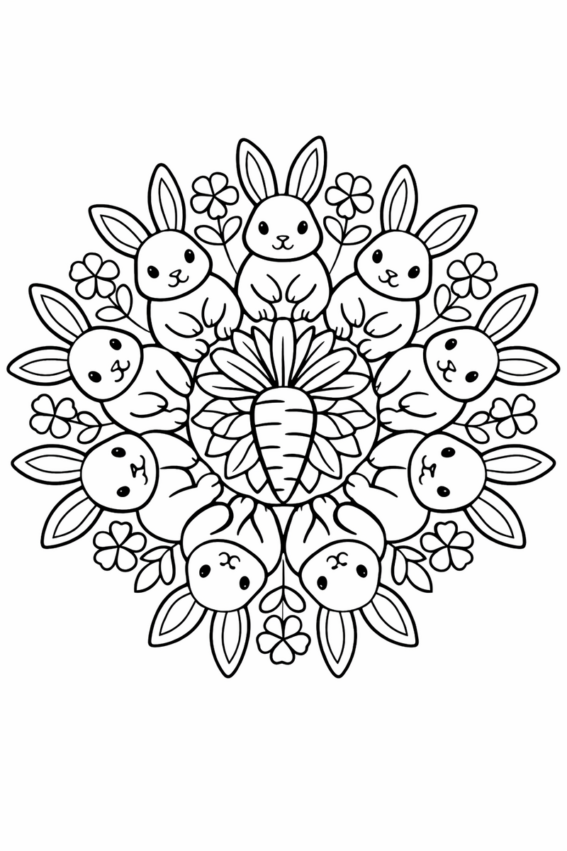 Rabbit mandala with eight long-eared rabbits sitting in a ring around a carrot rosette, with clover and small spring flowers tucked between them, symmetric coloring page