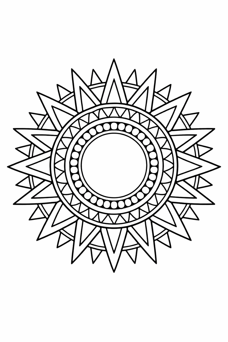 Radiant sun mandala with long and short triangular sun rays in tiers around a beaded solar disc, bright symmetric coloring page