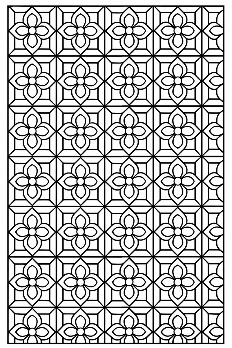 A full page covered edge to edge with a grid of identical square tiles, each tile carrying the same geometric motif of petals and diamonds coloring page