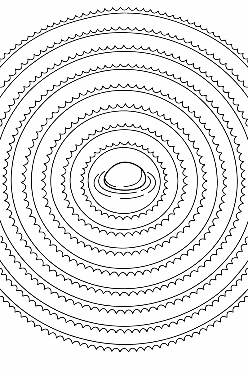 Perfectly round concentric ripple rings seen from directly above, spreading from a single smooth pebble at the center all the way out to the edges of the page, each ring edged with small repeating wave marks coloring page
