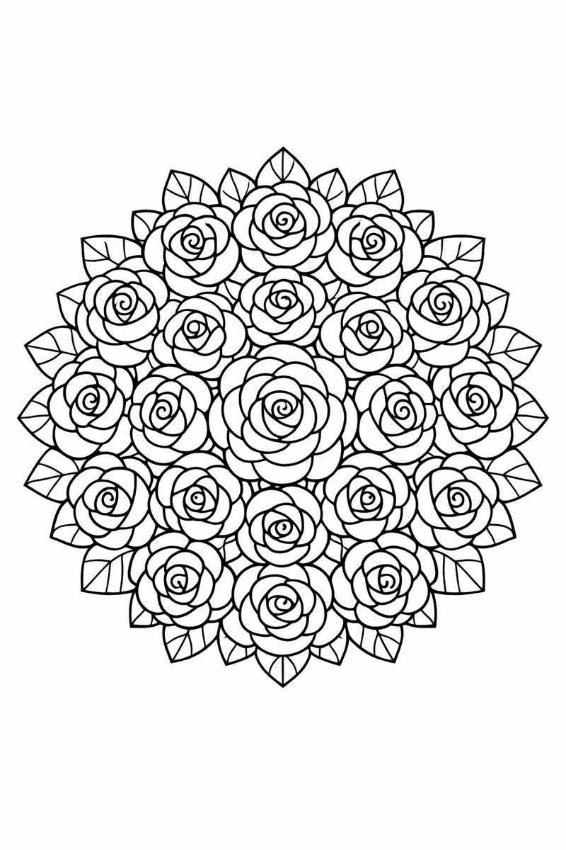 Rose blossom mandala with concentric rings of layered garden roses and leaves, radial symmetry coloring page