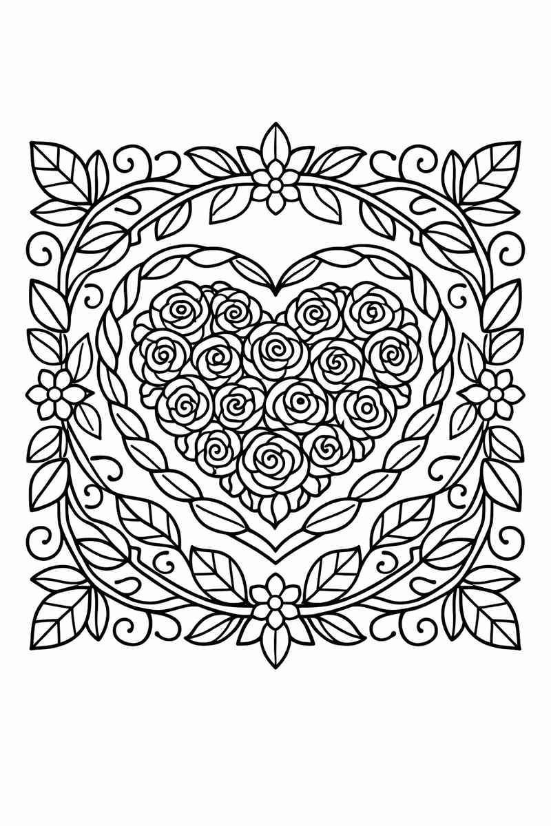 Rose heart mandala with a central heart made of clustered roses framed by leafy vines, romantic symmetric coloring page