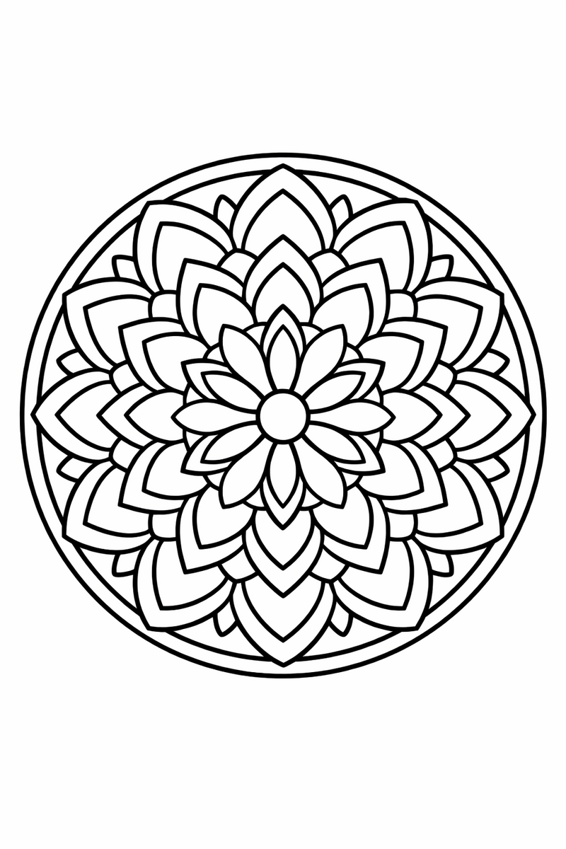 Mandala de rosetón con arcos de pétalos en capas para colorear
