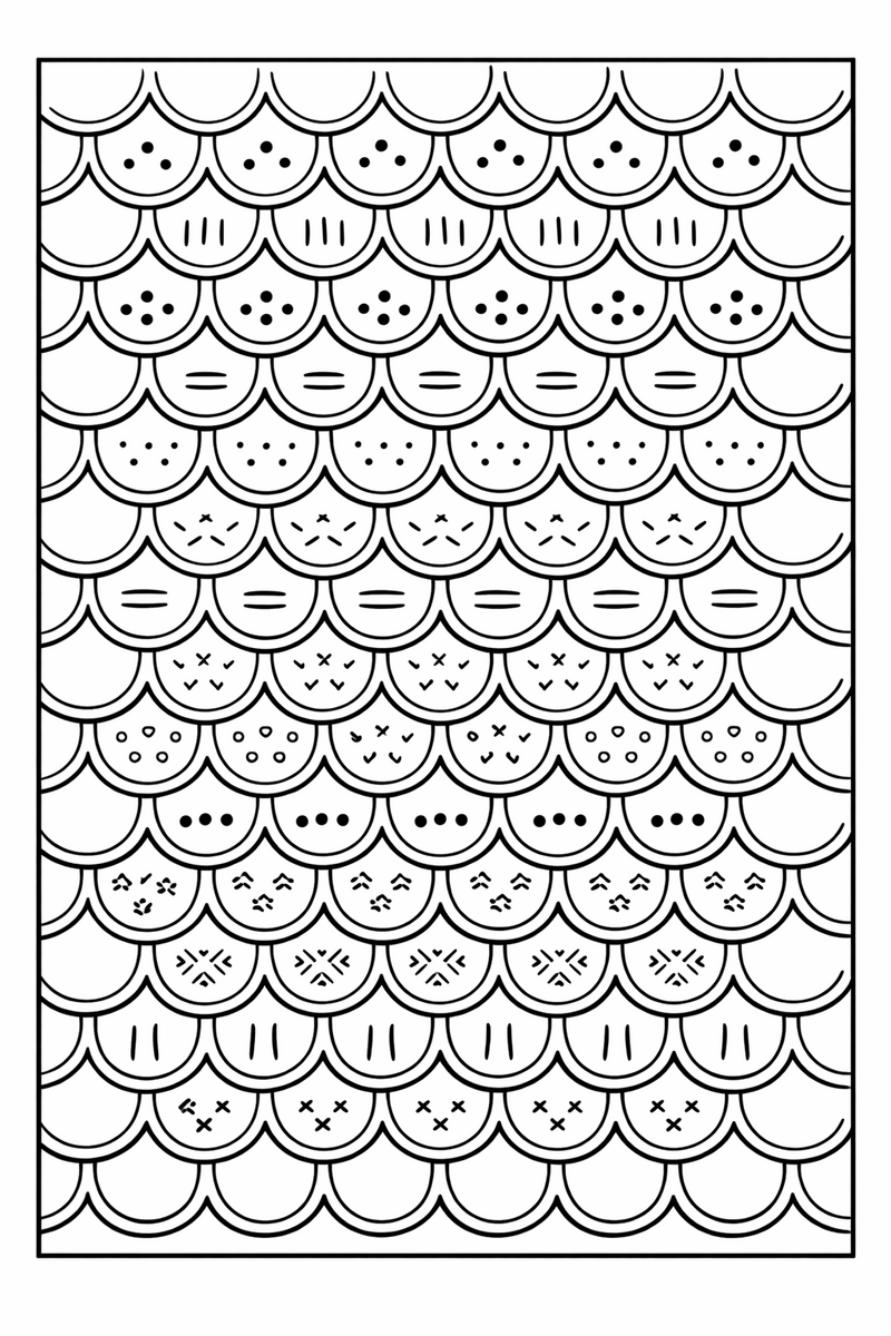 A full page of overlapping scalloped arcs arranged in neat horizontal rows like roof tiles, each scallop holding a small dot or line pattern inside coloring page