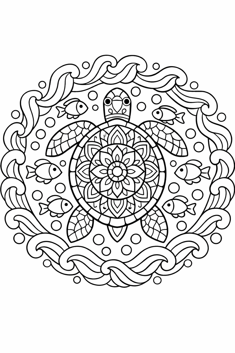 Sea turtle mandala with a patterned turtle shell at the center ringed by waves, bubbles and small fish, oceanic symmetric coloring page
