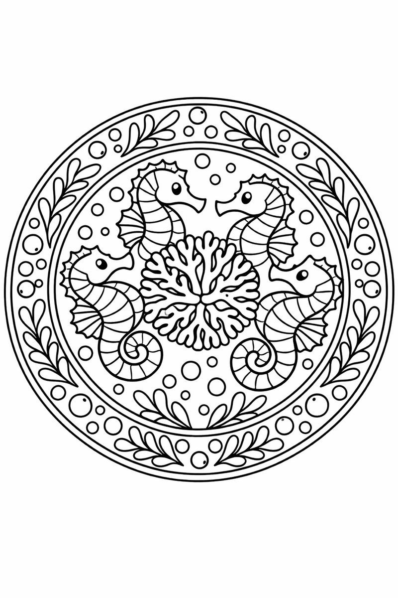 Seahorse mandala with curled seahorses facing outward around a coral rosette while seaweed fronds and tiny bubbles fill the outer bands, detailed symmetric coloring page