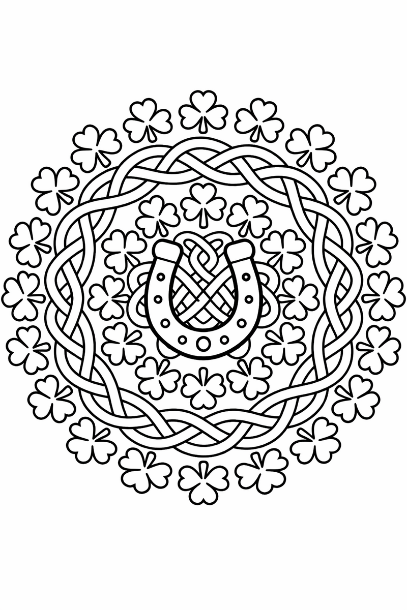 Shamrock mandala with rings of three-leaf clovers and looping celtic ribbons radiating out from a horseshoe at the center, lucky symmetric coloring page