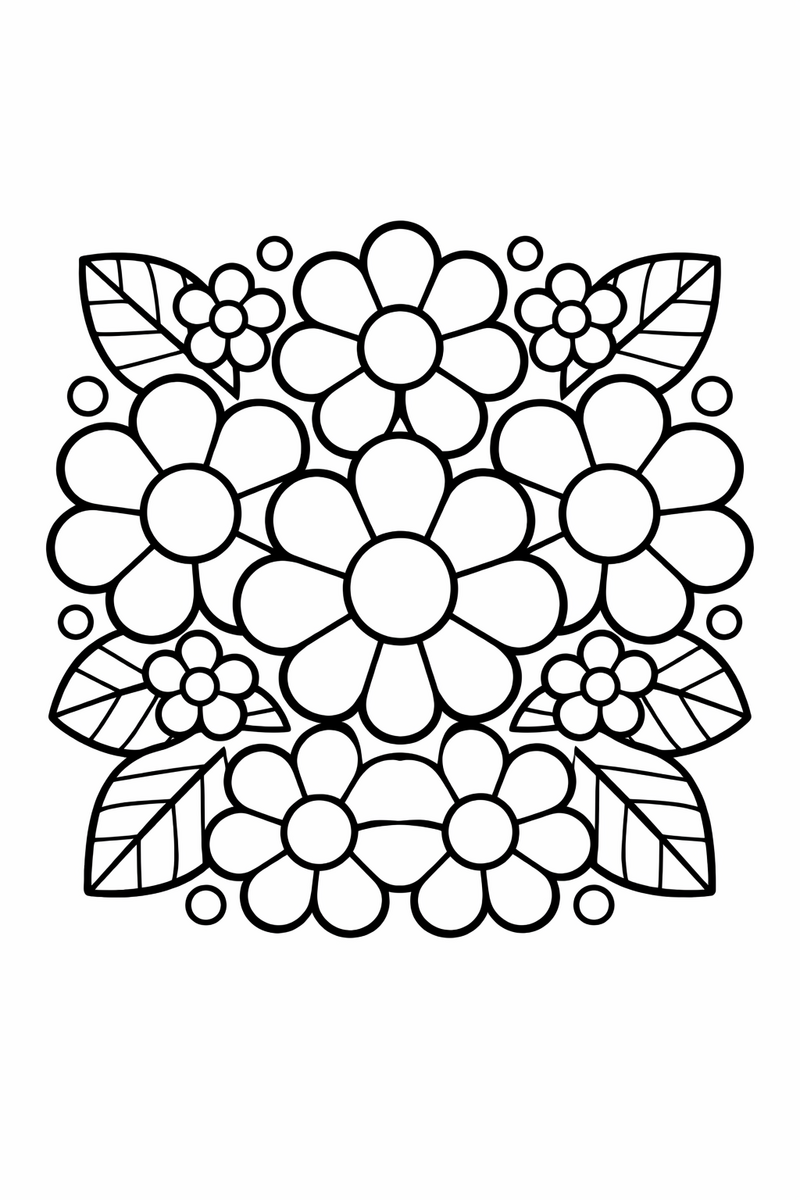 Easy flower mandala with a few big rounded flowers and thick simple outlines for young children, bold symmetric coloring page