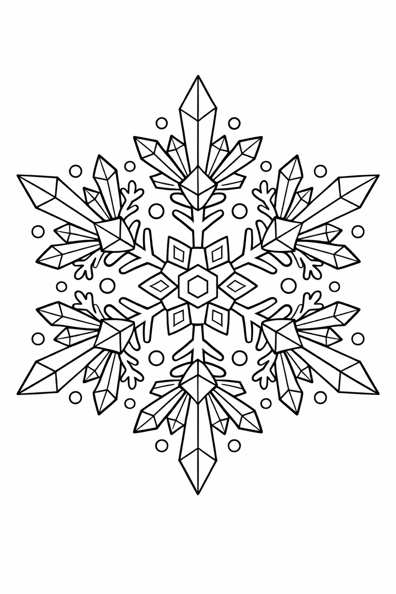 Mandala de copo de nieve con puntas de cristal y simetría de seis para colorear