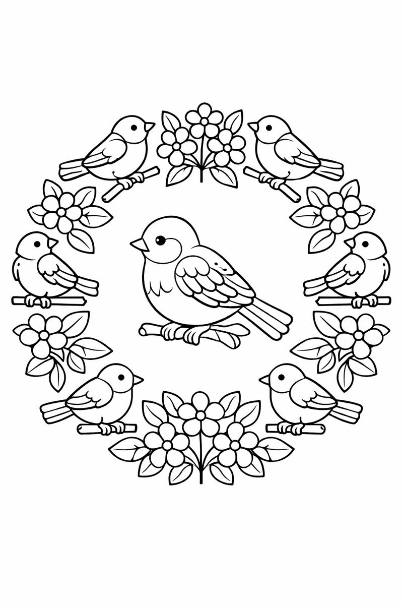 Songbird mandala with a ring of small perched songbirds alternating with leafy branches and blossoms, sweet symmetric coloring page