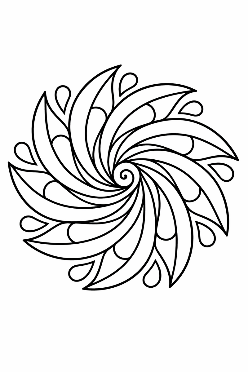 Spiral mandala with curved arms swirling outward from the center like a pinwheel, dynamic symmetric coloring page