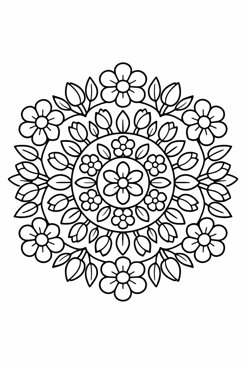 Spring bloom mandala with fresh buds, sprouting leaves and small blossoms opening in rings, fresh symmetric coloring page