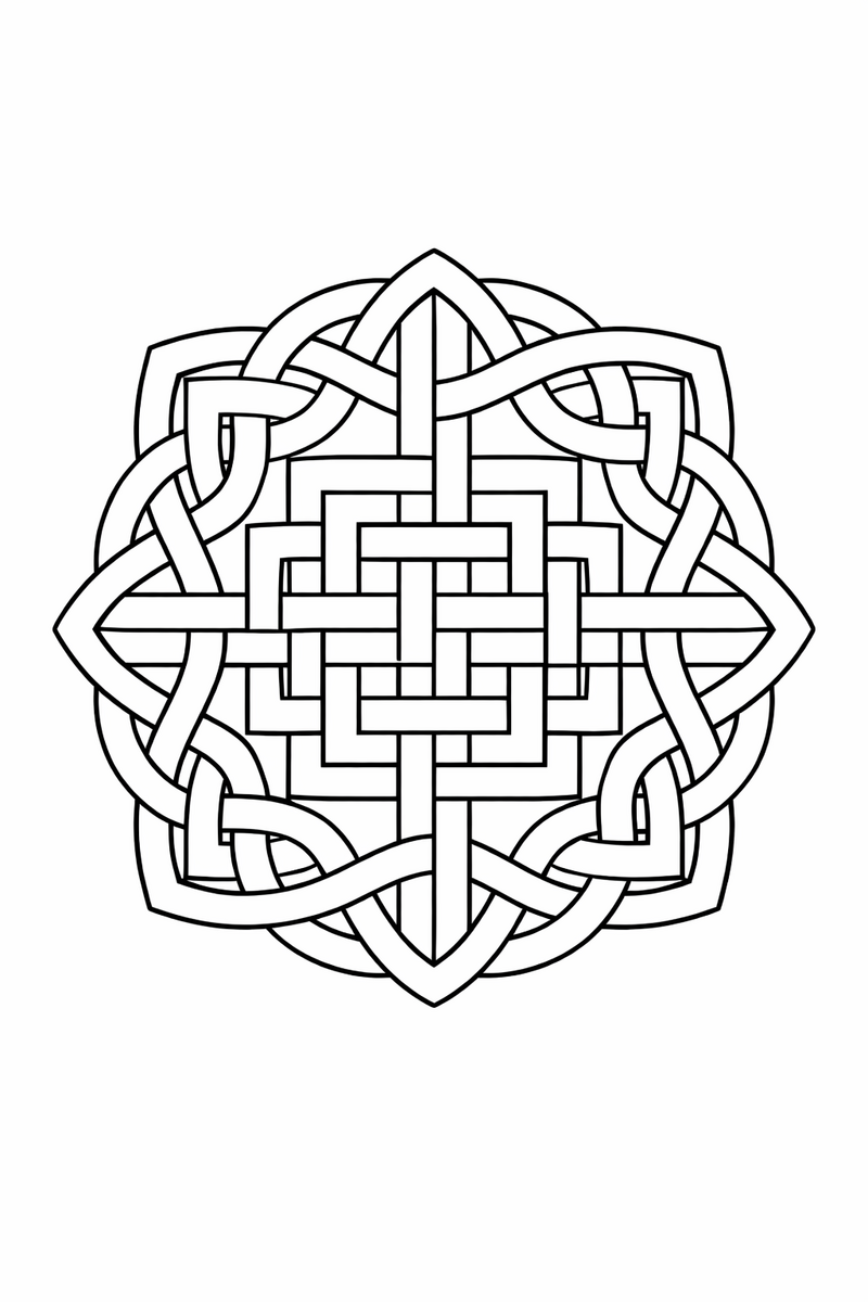 Square knot mandala of woven square bands looping over and under in fourfold symmetry, geometric symmetric coloring page