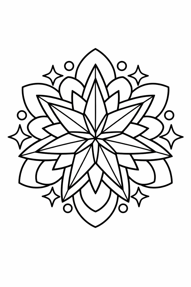 Starflower mandala with pointed star petals layered over rounded flower petals in radial symmetry, sparkling symmetric coloring page