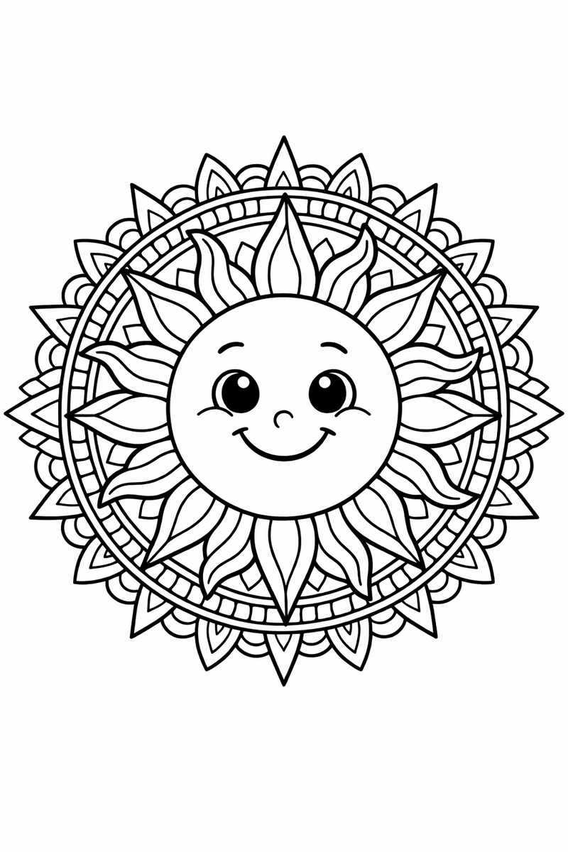 Sun face mandala with a smiling sun in the center and wavy and pointed rays alternating around it, warm symmetric coloring page