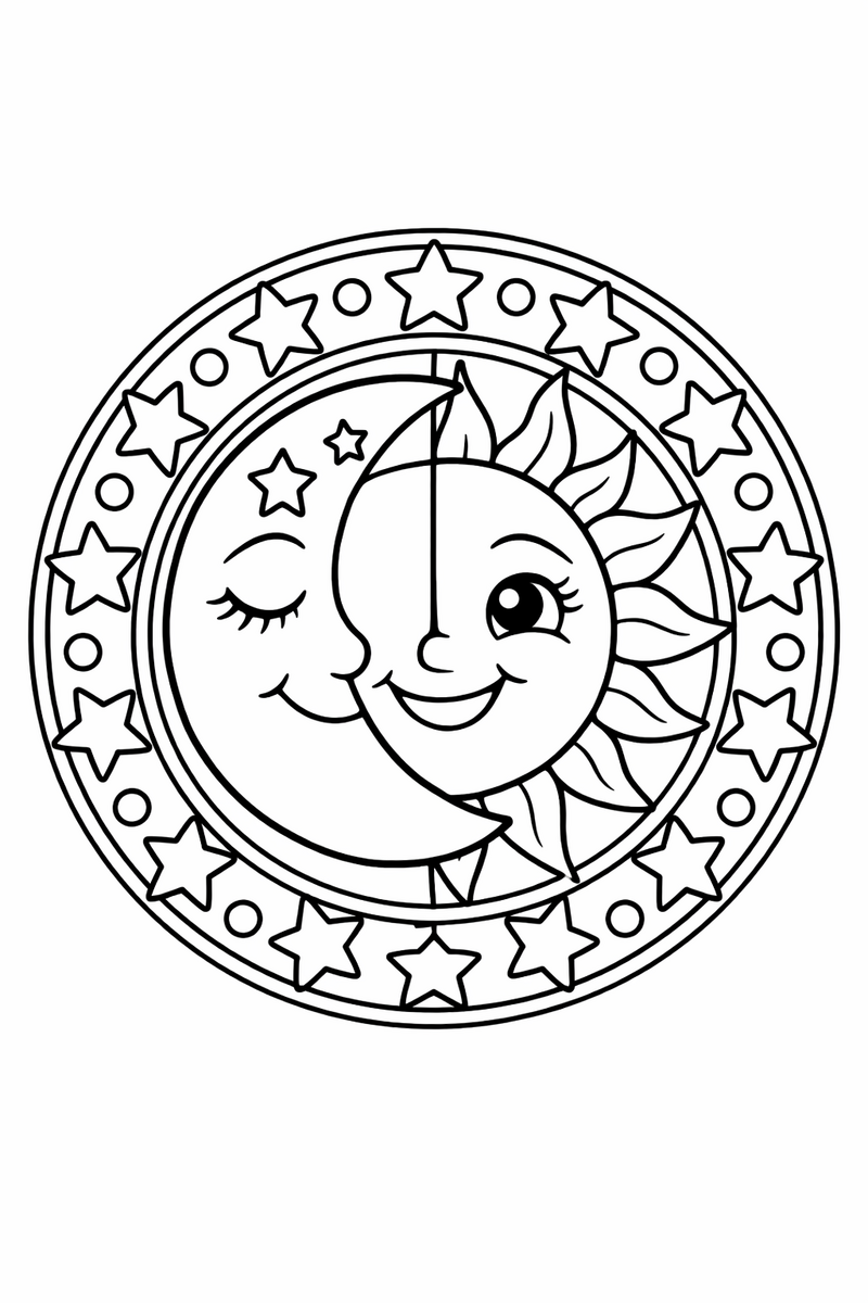 Sun and moon mandala with a smiling sun and crescent moon halves joined at the center inside a ring of stars, celestial symmetric coloring page