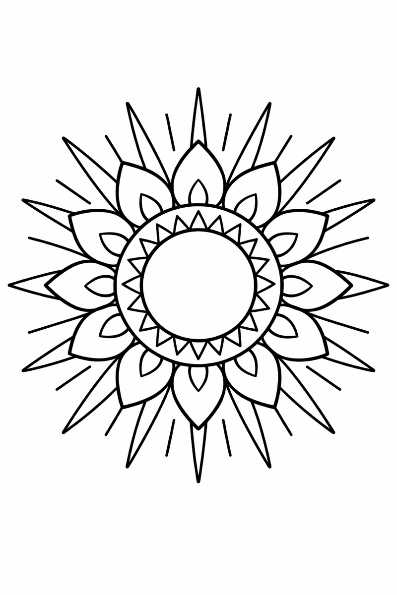 Mandala de sol con rayos radiantes y pétalos de lágrima para colorear