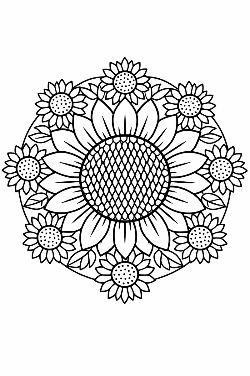 Sunflower mandala with a seeded center and radiating petals ringed by smaller sunflowers, radial symmetry coloring page