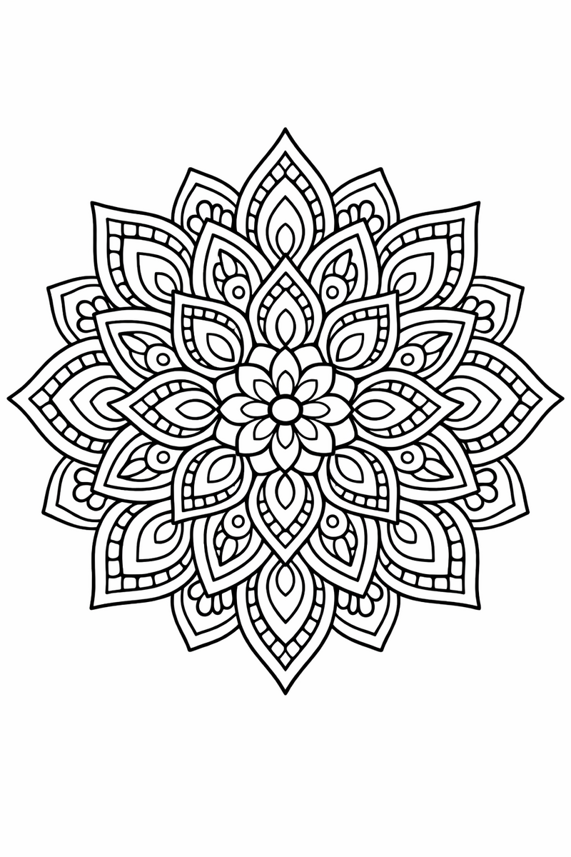 Teardrop lattice mandala with rows of paisley teardrops nested and mirrored around the center, flowing symmetric coloring page