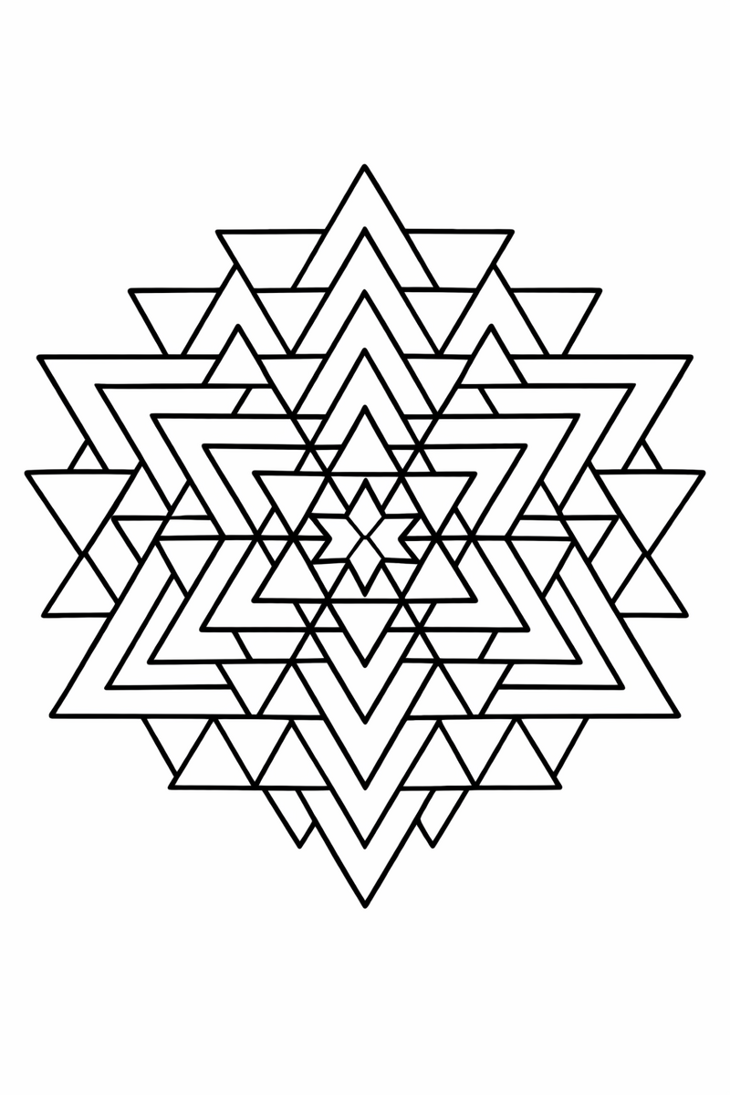 Triangle lattice mandala of interlocking triangles forming a tessellated star pattern, geometric symmetric coloring page
