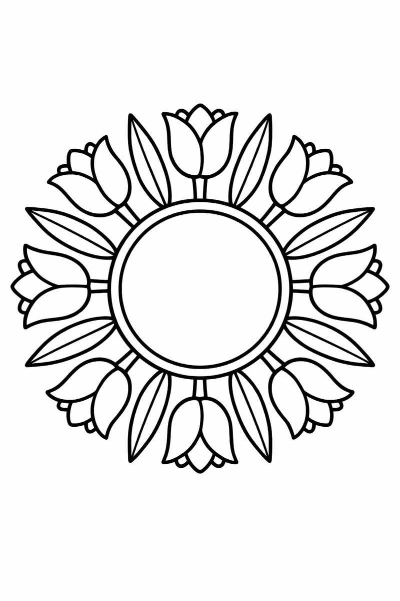 Tulip mandala with a ring of upright tulips alternating with slender leaves around a round center, symmetric coloring page