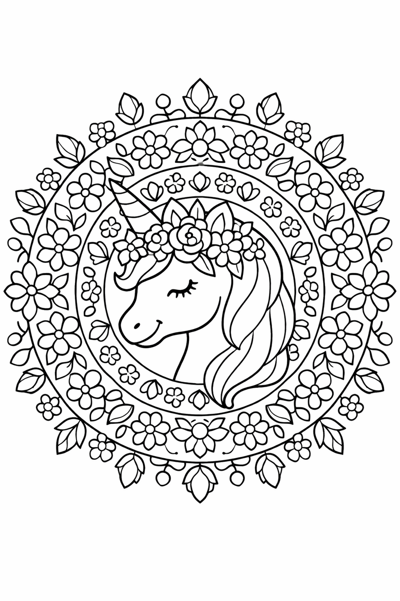 A unicorn head wearing a crown of blossoms at the center of a mandala with rings of flowers, leaves and buds radiating outward coloring page