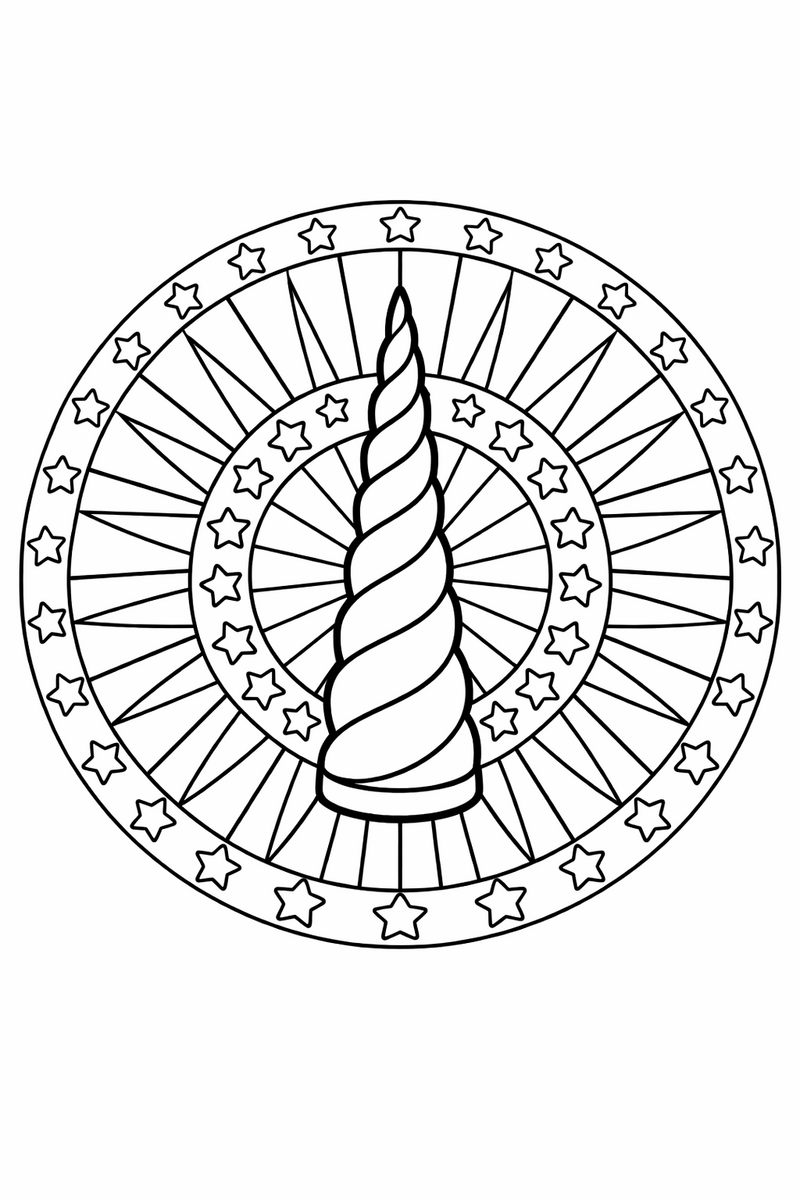 A single spiraled unicorn horn standing upright at the center of a round mandala with long tapering rays and rings of small stars radiating out to the rim coloring page