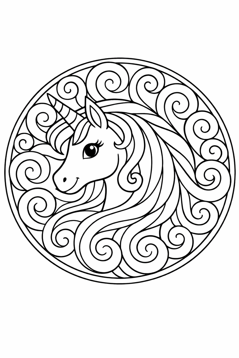 A unicorn head in profile at the center of a circle with its long mane unfurling into curling swirls that spiral outward and fill the whole ring coloring page