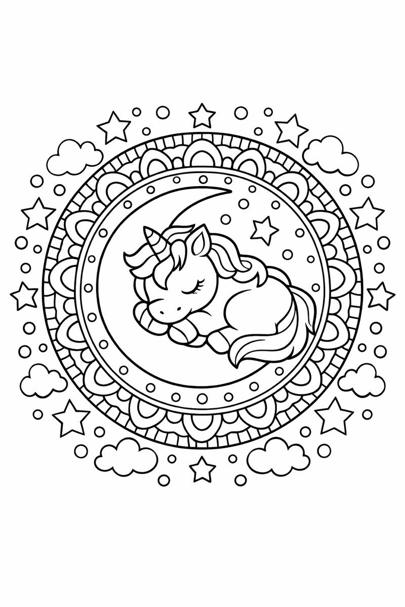 A curled sleeping unicorn tucked inside a crescent moon at the center of a round mandala ringed by stars, small clouds and dots coloring page