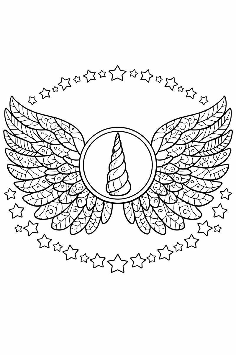 A pair of large feathered wings opened symmetrically to left and right around a central round medallion holding a spiraled unicorn horn, every feather patterned inside, with arcs of small stars curving above and below to fill the page coloring page